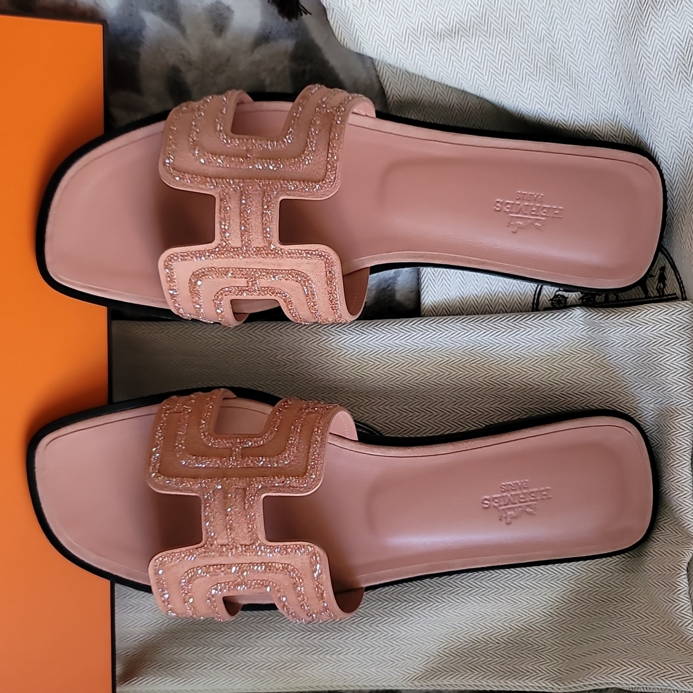 Hermes Sandal Mule Limited Edition Rose/Nude Leather Crystals size 40 or 10 US